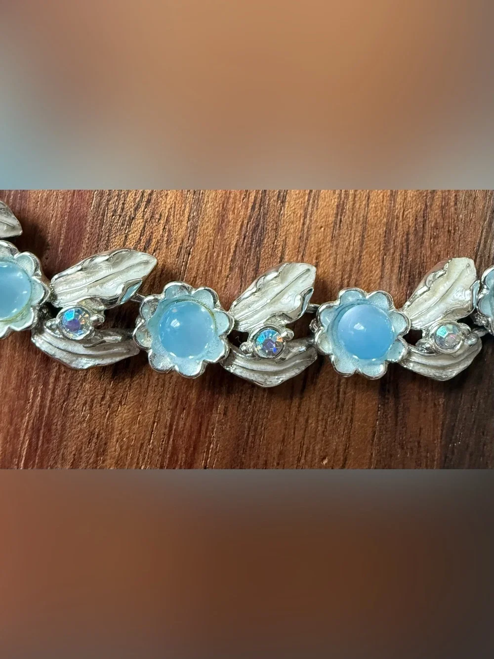Vintage Judy Lee Choker Necklace Silver Tone Blue Moonstone And Rhinestone